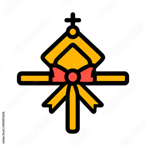 Christian church symbol in flat icon style in yellow and red colors representing faith and religious concept