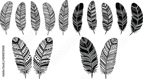 Decorative feather collection vector illustration, hand drawn tribal patterned plumes, boho ethnic design elements, isolated black and white set