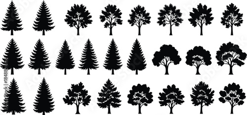 Diverse Collection of Black Tree Silhouettes Vector Illustration, Including Evergreen Pines and Deciduous Oaks, Ideal for Landscape, Nature, and Forest Design Graphics