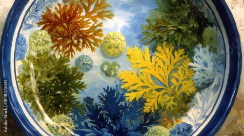 Colorful variety of sea flora is displayed floating in a round ceramic dish filled with water