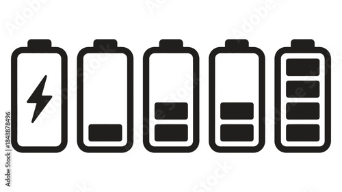 Battery Level Icons Set Black and White Charging Status Indicators
