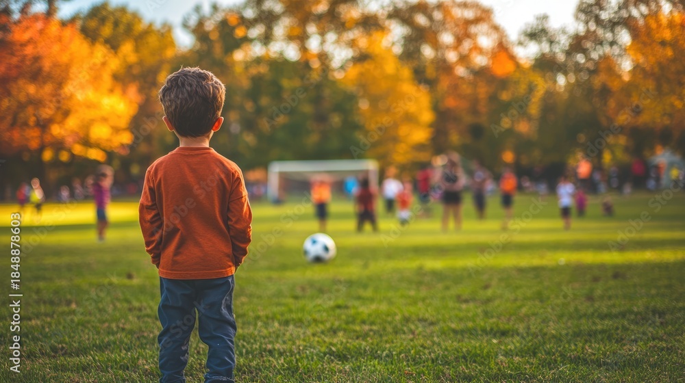 Fototapeta premium Little boy standing on soccer field watching kids football game in autumn