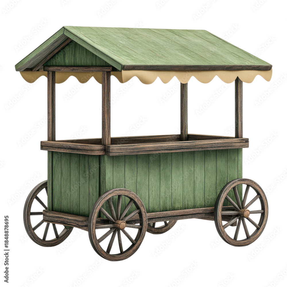 Fototapeta premium Wooden cart with wheels and a roof for outdoor use on transparent background.