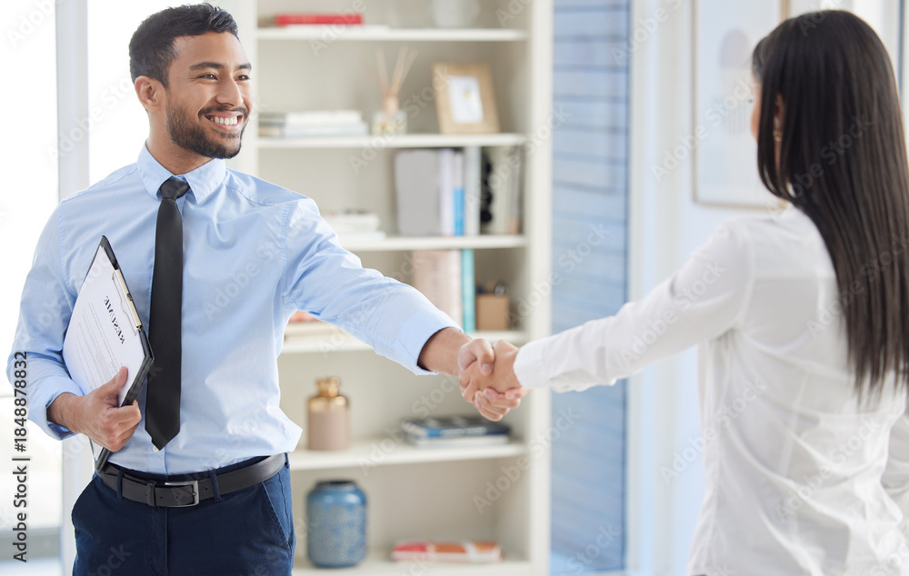 Fototapeta premium Business people, smile and clipboard with handshake in office for hiring, agreement and collaboration. Corporate, Human Resources and hand gesture in deal for recruitment, onboarding and opportunity