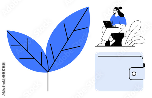Sustainable living. A blue leaf eco-consciousness, a digital wallet for cashless transactions, and a remote worker promoting sustainability. For fintech, eco-lifestyles, remote work, environmental