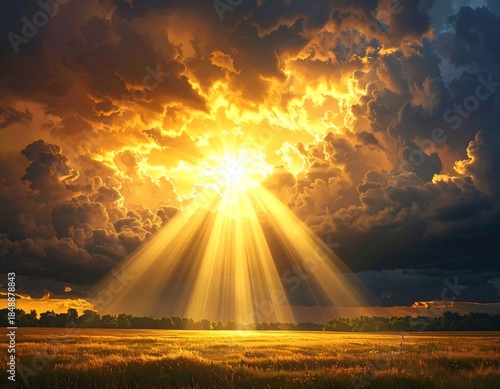 Radiant sunlight streams through dramatic clouds, illuminating a field with golden hues