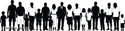 Diverse family silhouettes standing together vector illustration, parents children generations unity community concept, black isolated people group design