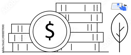 Finance, investment, eco-friendliness, savings, wealth creation, earning potential. Stacked coins with dollar sign, leaf and certificate icon. Finance and sustainability concept