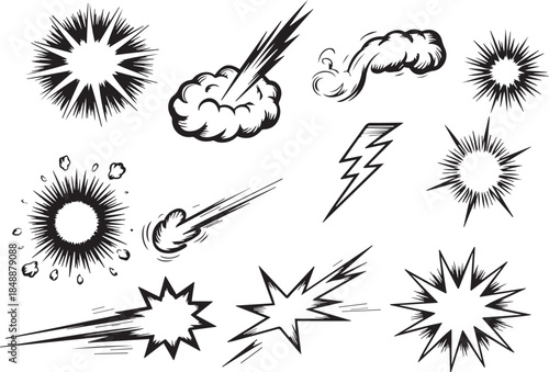 Line speed cartoon effect, boom explosive motion line element set. Comic boom burst, explosive smoke, line speed cartoon vector icon. Hand drawn sketch doodle action effect. Vector illustration