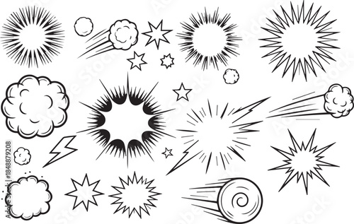 Line speed cartoon effect, boom explosive motion line element set. Comic boom burst, explosive smoke, line speed cartoon vector icon. Hand drawn sketch doodle action effect. Vector illustration