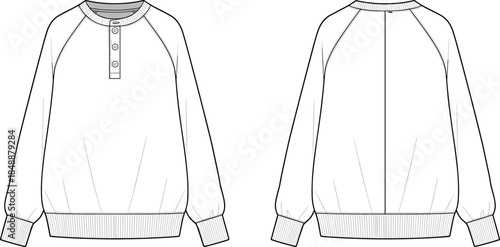 Casual raglan sleeve sweatshirt illustration showing front and back views with button placket fashion flat sketch
