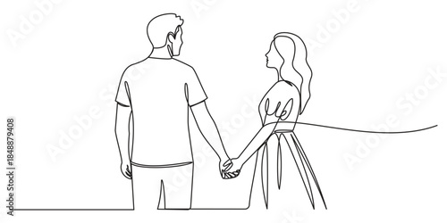Continuous line drawing of romantic couple holding hands. Line art concept for valentine. Vector illustration.