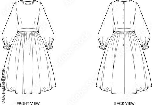 Technical fashion dress illustration, showing front and back views, long sleeve midi garment sewing flat sketch for designers