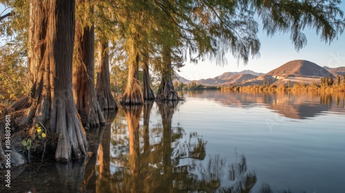 Under the sunset, the tranquil river shines with a soft golden light on the water surface. In the distance, the mountains reflect clearly, and cypress trees hang down to the water surface