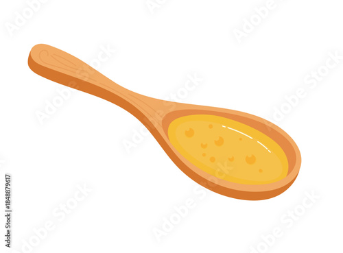Mustard in a wooden spoon. Flat vector clipart, illustration with isolated background.