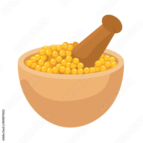Mustard seeds in a mortar and pestle. Flat vector clipart, illustration with isolated background.
