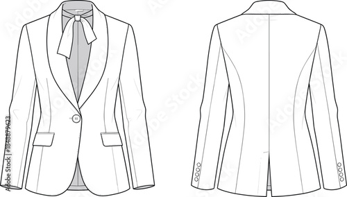 Women tailored blazer illustration showing front and back views with bow blouse formal business fashion flat sketch