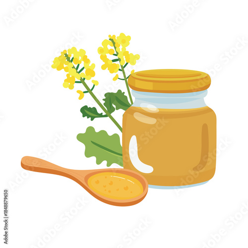 Dijon Mustard in Jar. Flat vector clipart, illustration with isolated background.