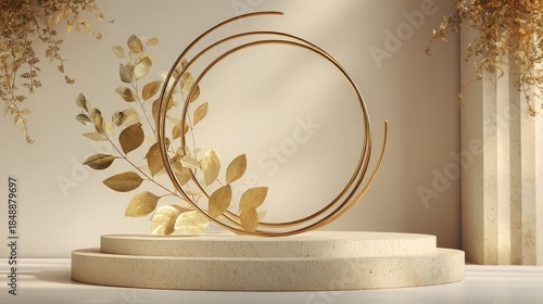 Elegant golden sculpture on modern beige pedestal with leaves