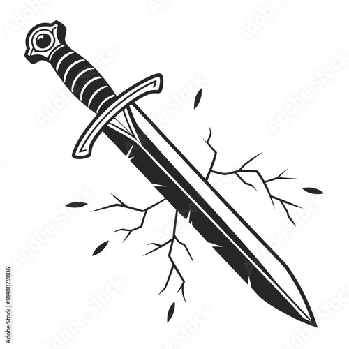 Sword piercing through cracked surface