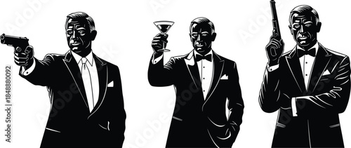 Elegant secret agent silhouettes in tuxedo, holding gun and martini, classic spy action pose, luxury espionage vector illustration style