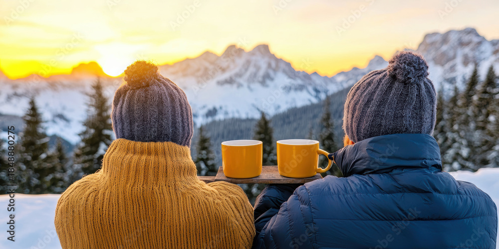 Fototapeta premium cozy winter scene featuring two people enjoying warm drinks while watching a stunning sunset over snow-capped mountains.