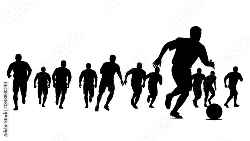 Soccer Player Dribbling Ball with Team Silhouette Isolated on White

