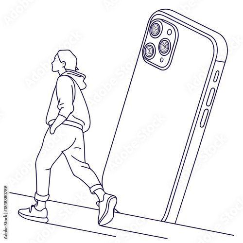 Person walking past large smartphone
