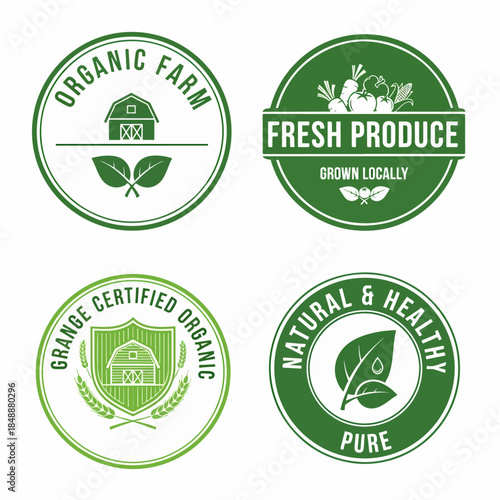 A vintage set of eco and organic labels featuring green leaf icons and grunge rubber stamps for natural bio food product design as a vector illustration badge collection