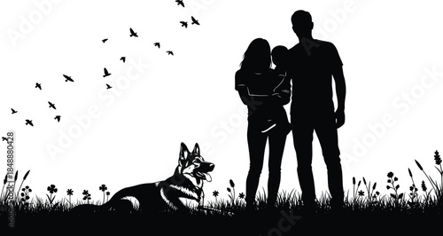 Family portrait silhouette, father, mother, and child standing with German Shepherd dog in grass field, happy lifestyle outdoor scene vector illustration, flying birds.