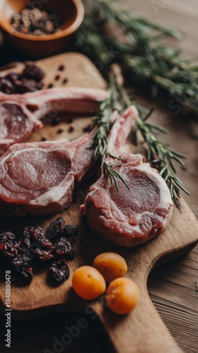 Raw lamb chops preparing with rosemary and dried fruit