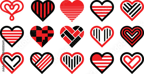 Collection of stylish red and black heart icons with diverse patterns and outlines