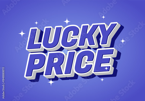 A vibrant graphic design featuring the words Lucky Price in bold, three dimensional typography. The background is a bright purple with sparkling stars, creating playful and eye catching effect.