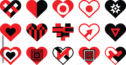 A diverse collection of 15 unique heart icons in various red and black geometric designs