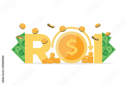 Return on Investment, ROI concept with gold coins, dollar bills, Market and Finance, Business Growth vector illustration