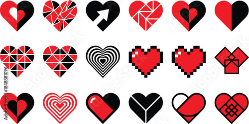Diverse collection of red and black heart icons showcasing love and emotion