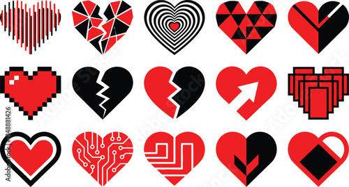 Diverse collection of modern red and black heart icons with geometric and abstract designs