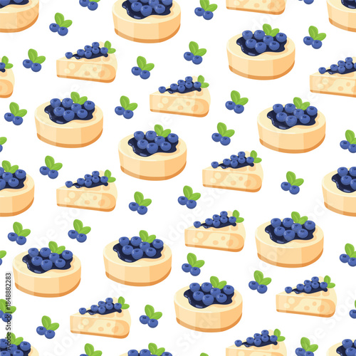 Blueberry cheesecake seamless pattern. Flat vector clipart, illustration with isolated background.