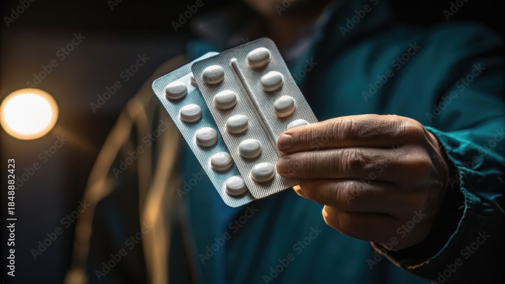 Obraz premium A person holds a blister pack of tablets, illuminated by soft light, suggesting themes of health and medication.