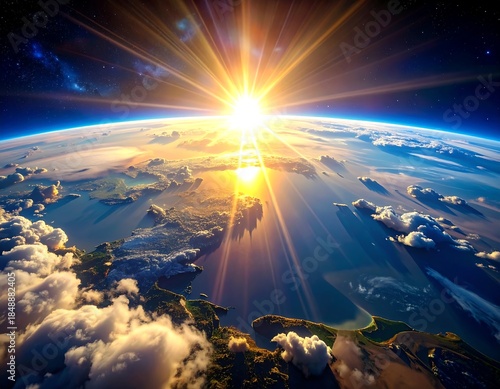 Radiant sunrise over Earth's horizon, with bright sunburst, blue skies, and fluffy clouds, seen from space