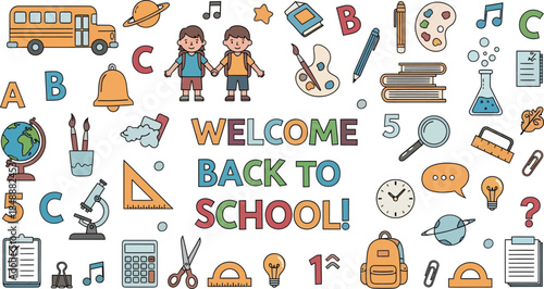 Collection of colorful school supplies, educational icons, and children for a welcome back to school greeting, handdrawn style illustration