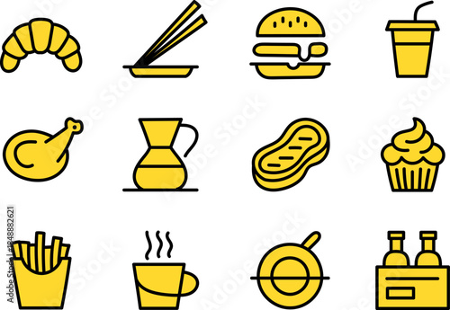 Fast Food and Street Food Line Icons Set with Snacks, Drinks, Desserts and Takeaway Meal Concepts