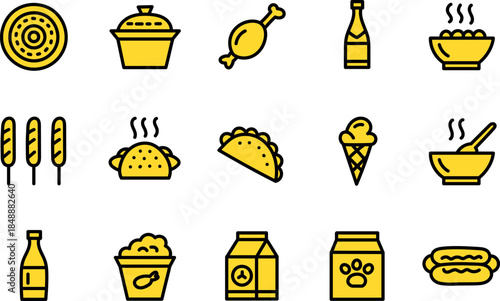 Street Food and Fast Food Line Icons Set with Snacks, Drinks, Desserts and Takeaway Meal Concepts