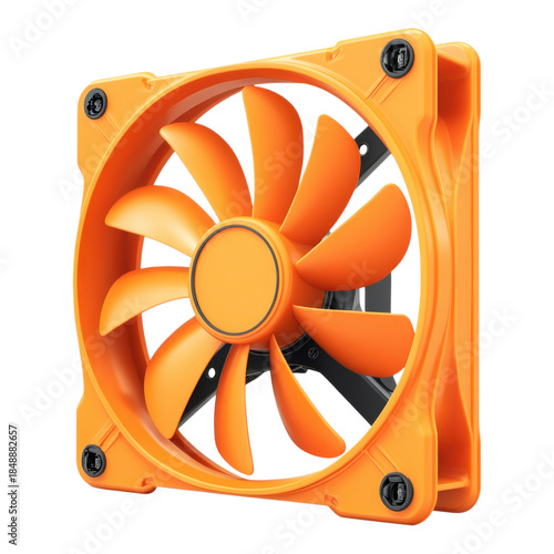 Orange computer case fan for PC cooling, high performance desktop cooler component, modern hardware ventilation system for gaming rigs isolated on Transparent Background