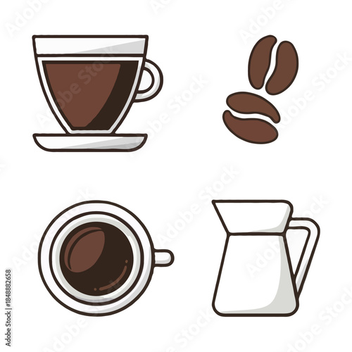 A collection of four stylized illustrations of coffee related items including a cup of coffee from the side view top view coffee beans and a creamer isolated on white background