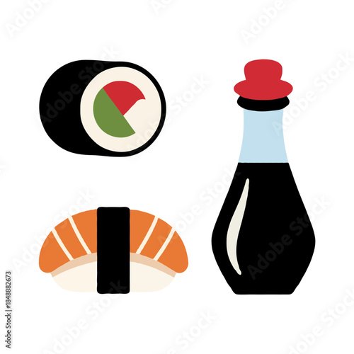 Flat design illustration of a sushi roll and nigiri salmon with a soy sauce bottle isolated on white background