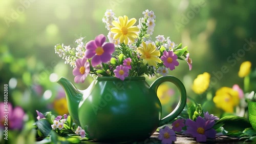 Animated Garden Teapot Arrangement - Fresh Summer Wildflowers in Vintage Green Teapot for Relaxation Videos, Tea Ceremonies, and Wellness Content