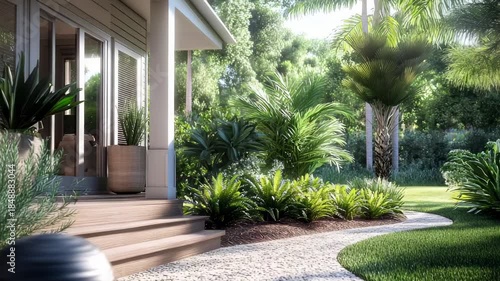 Luxury Villa Entrance Video - Tropical Garden Path with Palm Trees and Modern Architecture for Real Estate Marketing and Lifestyle Content