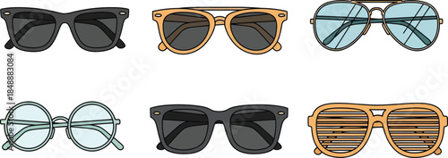 Collection of six different styles of sunglasses and eyewear, illustration