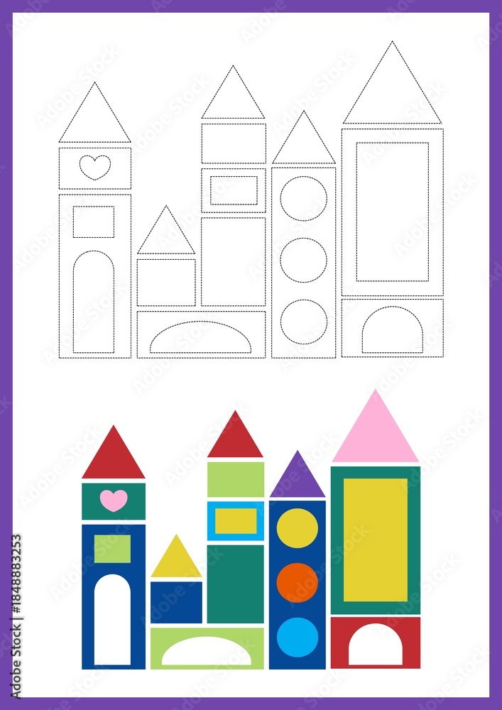 Fototapeta premium Adorable House Coloring Page Features Bright Geometric Shapes The worksheet Colorful Building Puzzle Provides Fun Creative Educational Activity